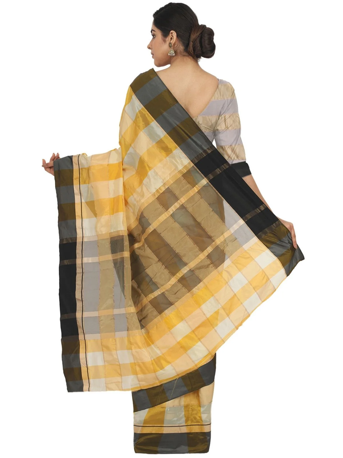 Odette Yellow Silk Blend Checked Saree For Women - Image 4