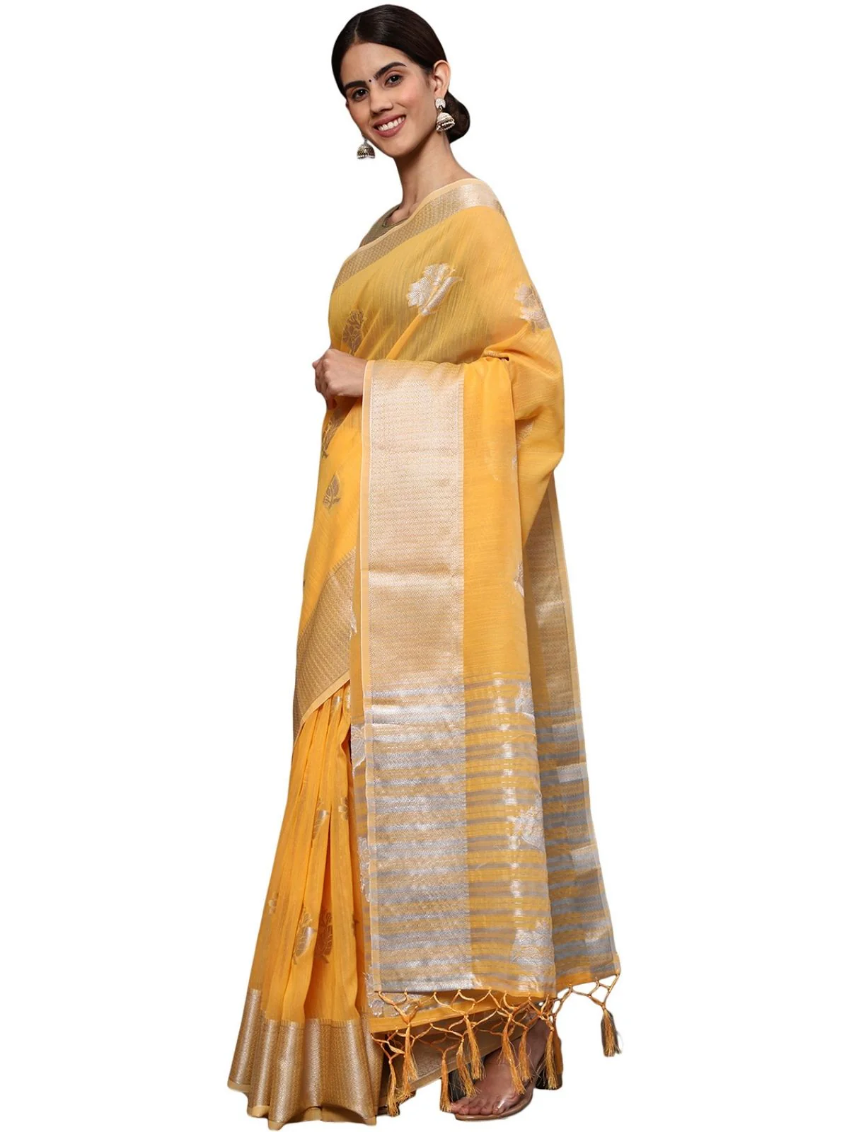 Odette Yellow Silk Blend Embellished Saree For Women - Image 2