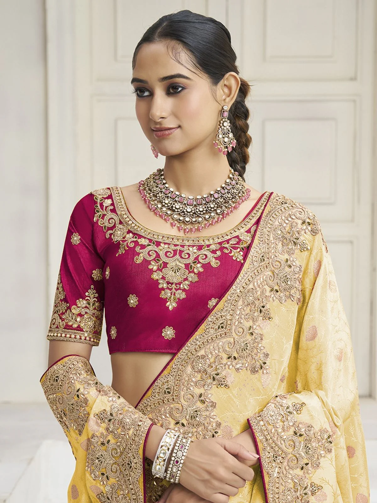 Odette Yellow Silk Blend Embroidered Saree For Women - Image 2