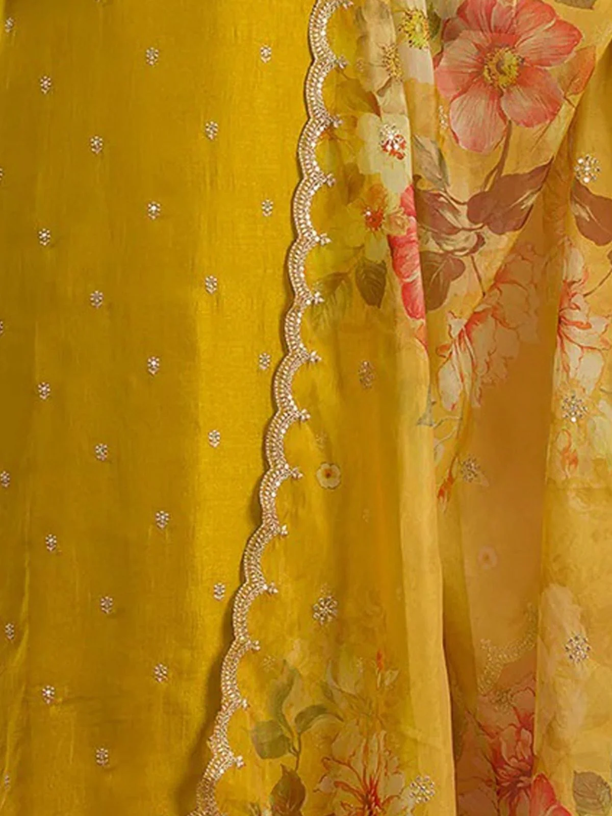 Odette Yellow Silk Blend Embroidered Semi-Sitched Kurta Set For Women - Image 3