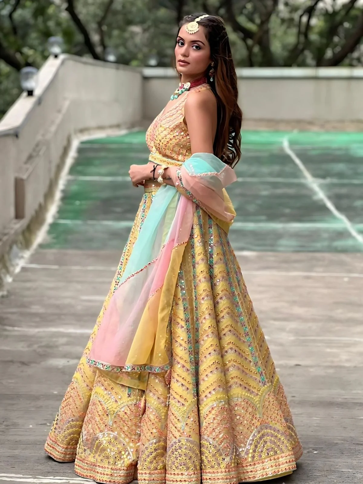 Odette Yellow Silk Blend Embroidered Semi-Stitched lehenga For Women - Image 2