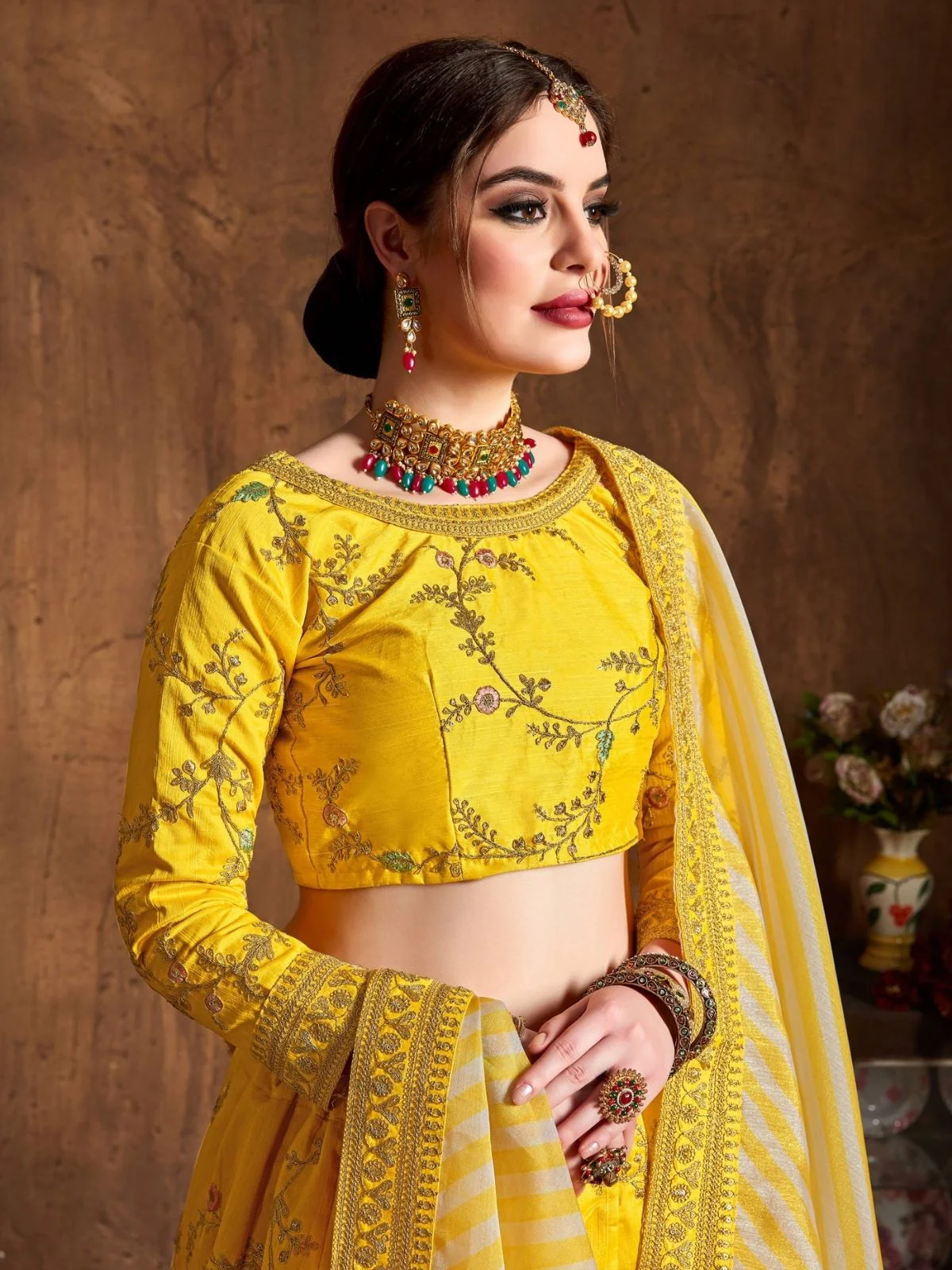 Odette Yellow Silk Blend Embroidered Semi Stitched Lehenga With Blouse For Women - Image 4