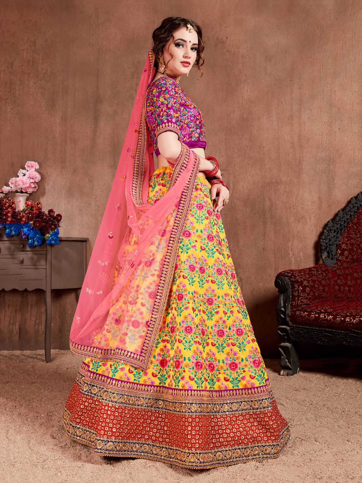 Odette Yellow Silk Blend Embroidered Semi Stitched Lehenga With Blouse For Women - Image 2