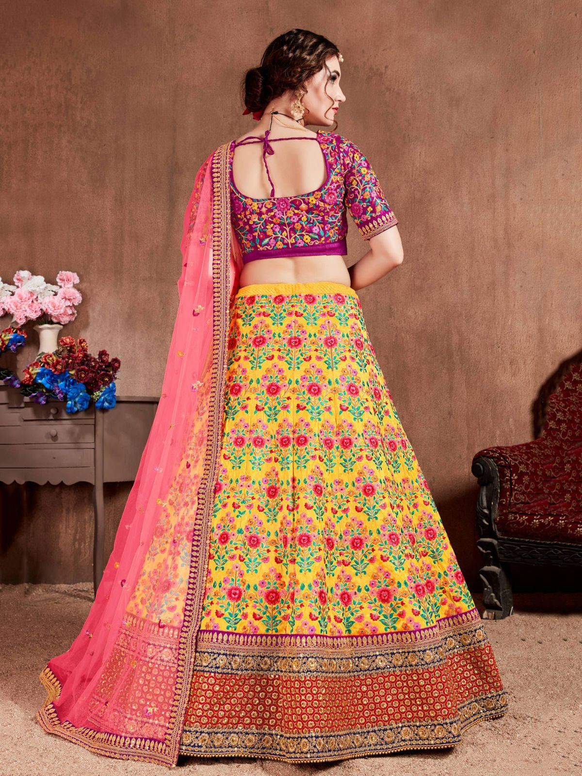 Odette Yellow Silk Blend Embroidered Semi Stitched Lehenga With Blouse For Women - Image 3
