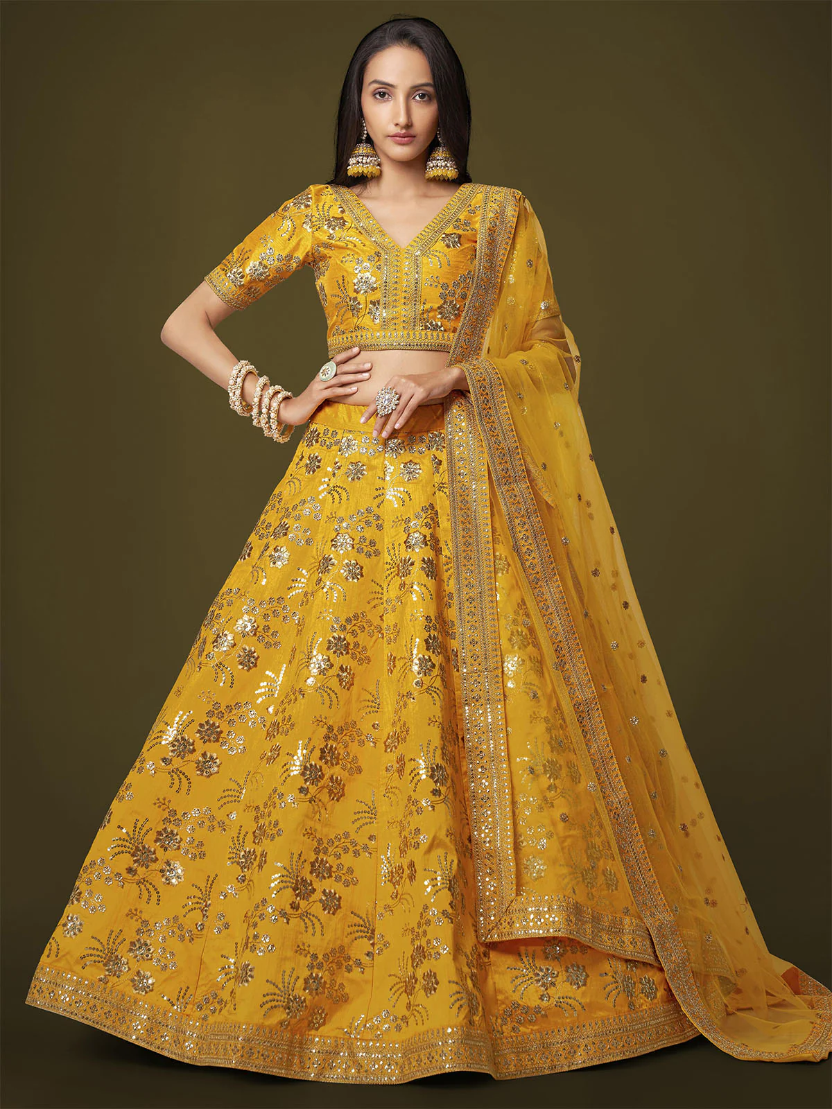 Odette Yellow Silk Blend Embroidered Semi Stitched Lehenga With Unstitched Blouse For Women