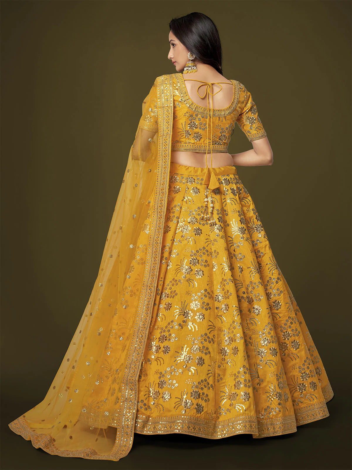 Odette Yellow Silk Blend Embroidered Semi Stitched Lehenga With Unstitched Blouse For Women - Image 3