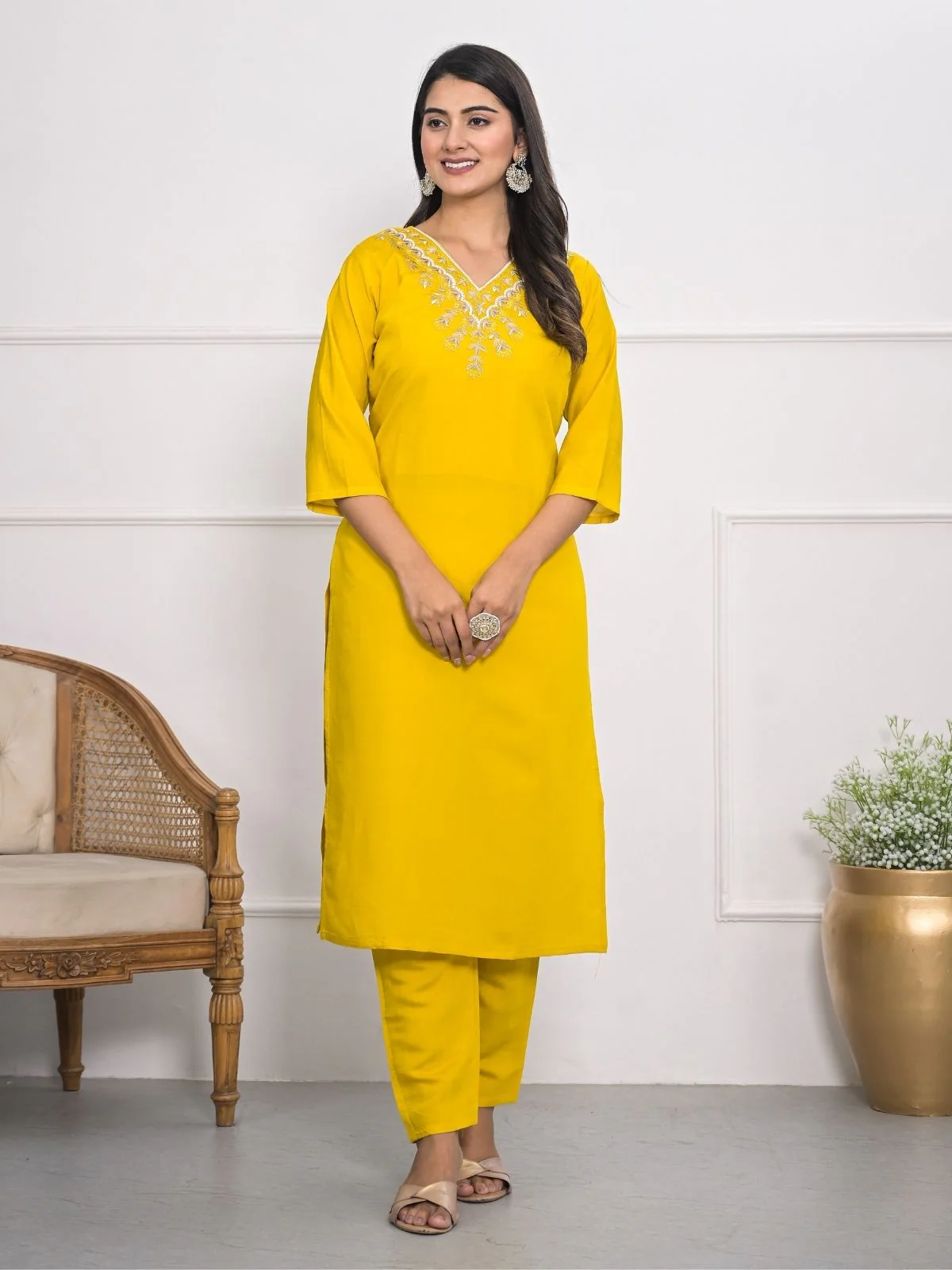 Odette Yellow Silk Blend Embroidered Stitched Kurta Set For Women - Image 3
