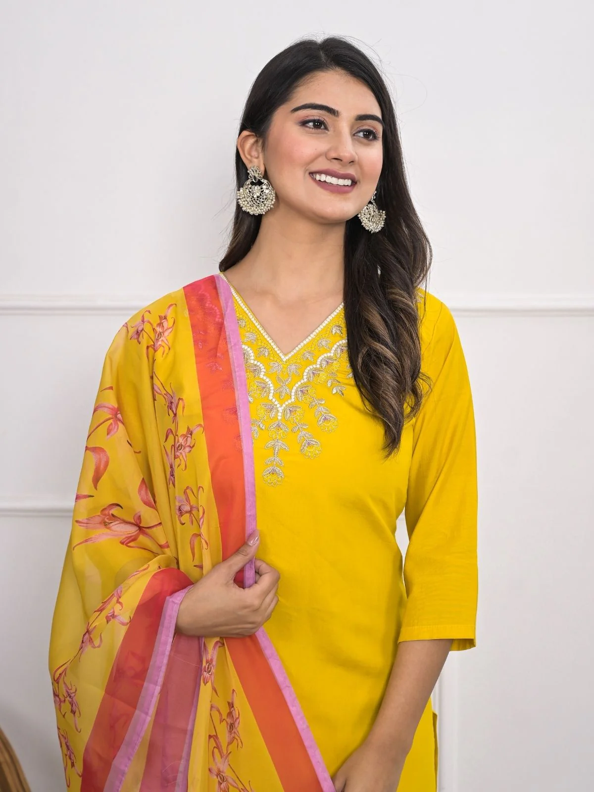 Odette Yellow Silk Blend Embroidered Stitched Kurta Set For Women - Image 4