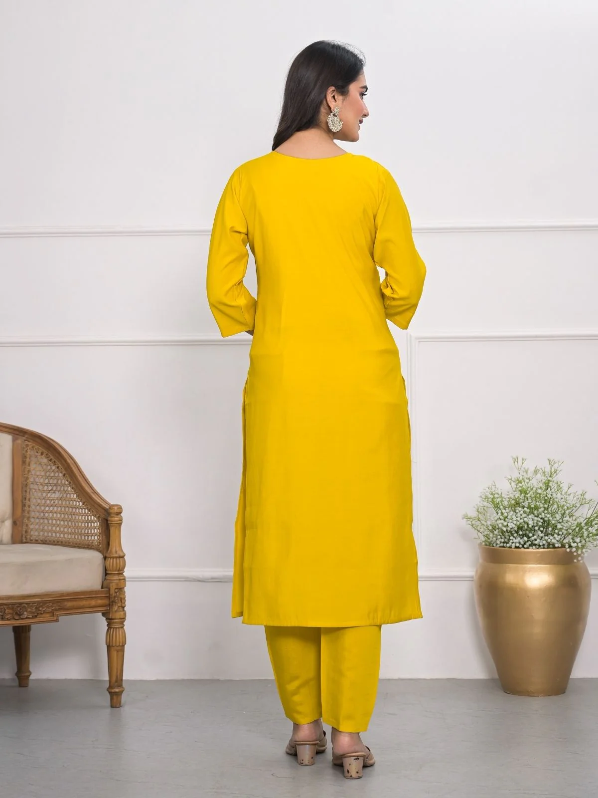 Odette Yellow Silk Blend Embroidered Stitched Kurta Set For Women - Image 5