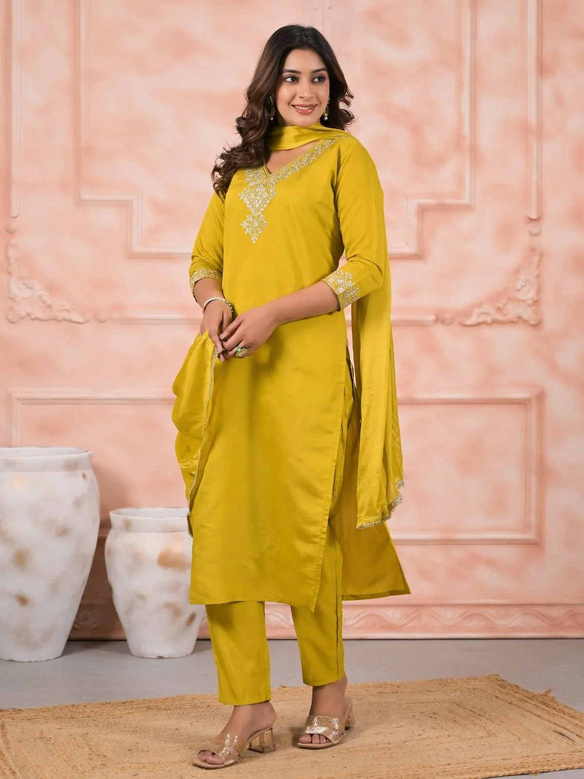 Odette Yellow Silk Blend Embroidered Stitched Kurta Set For Women - Image 3