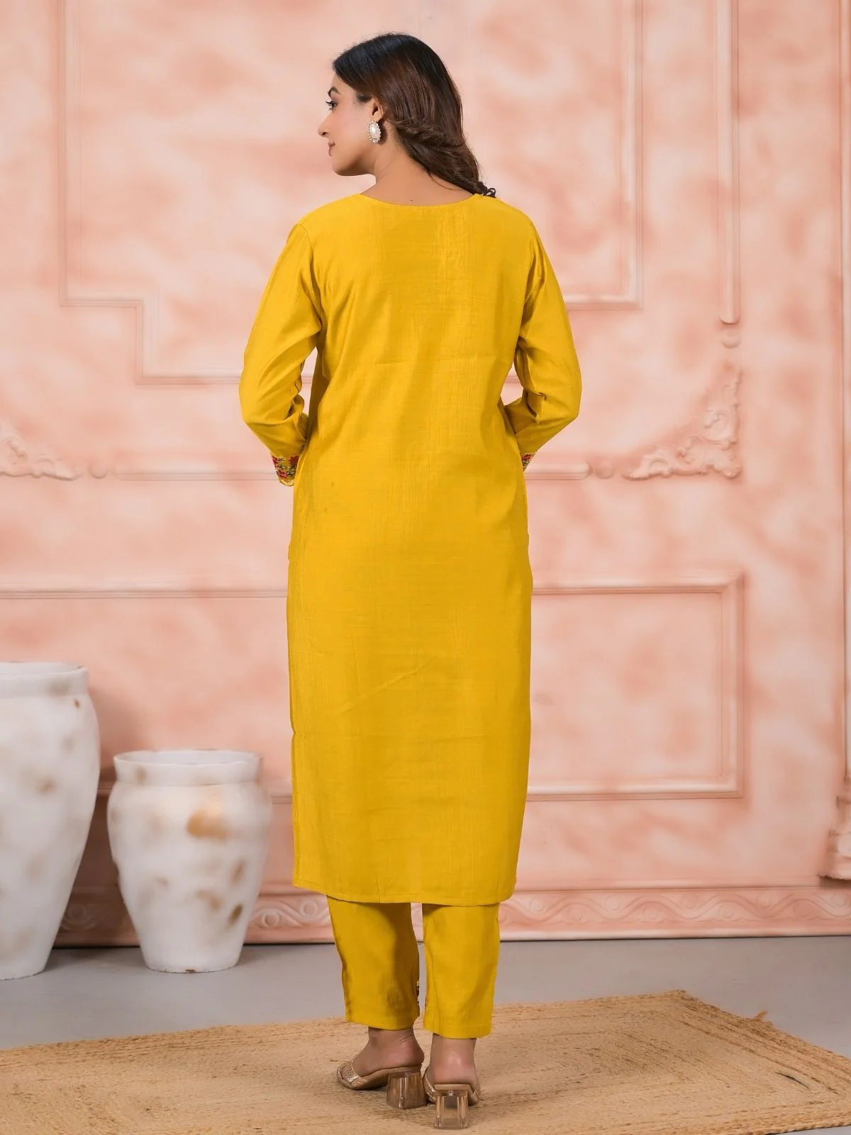 Odette Yellow Silk Blend Embroidered Stitched Kurta Set For Women - Image 4