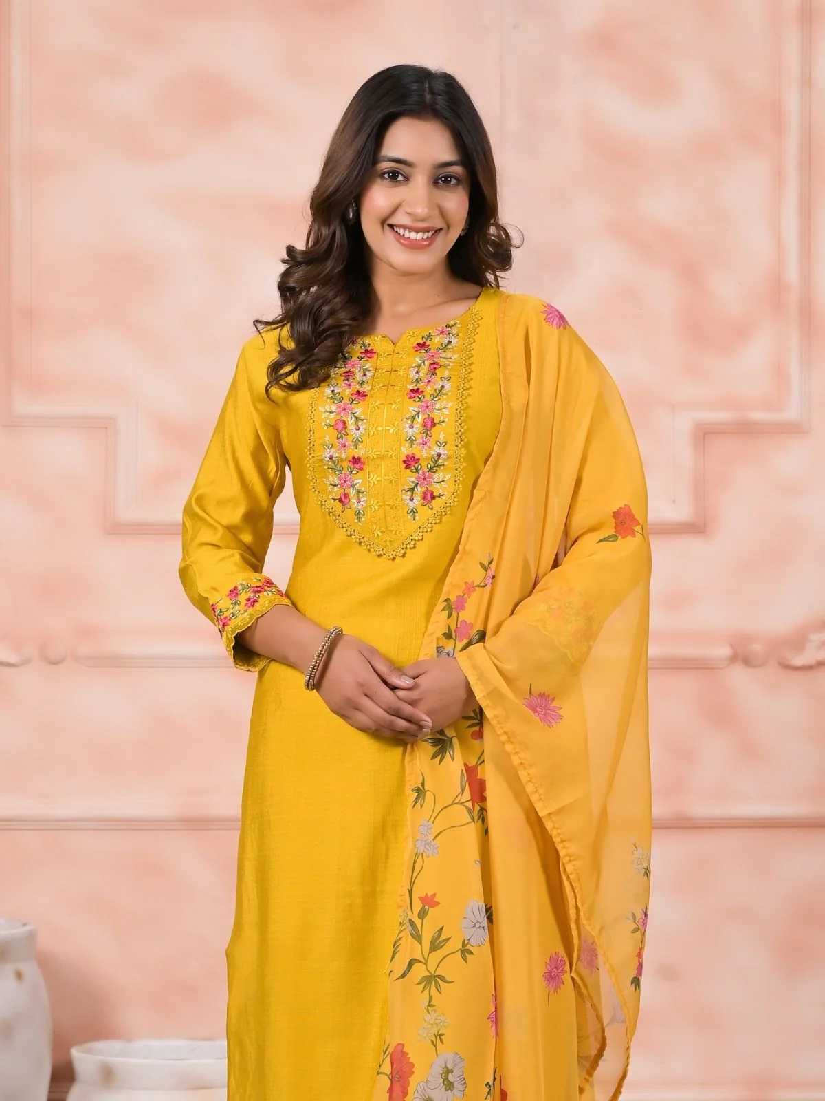 Odette Yellow Silk Blend Embroidered Stitched Kurta Set For Women - Image 5