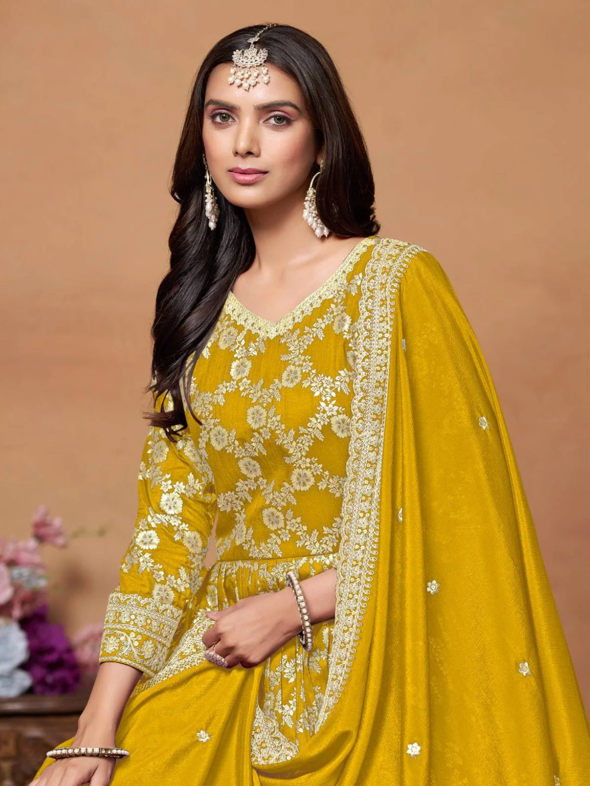 Odette Yellow Silk Blend Foil Print Gown For Women - Image 4