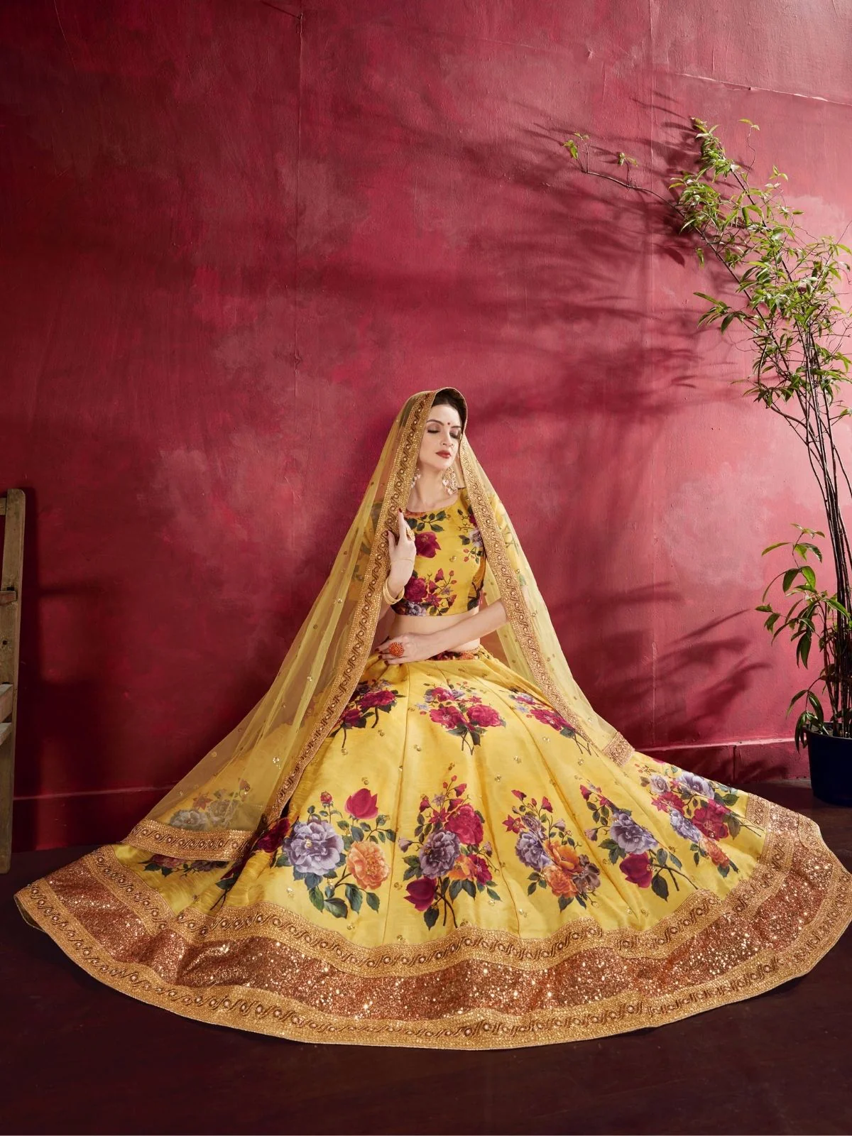 Odette Yellow Silk Blend Printed Semi Stitched Lehenga With Blouse For Women - Image 2