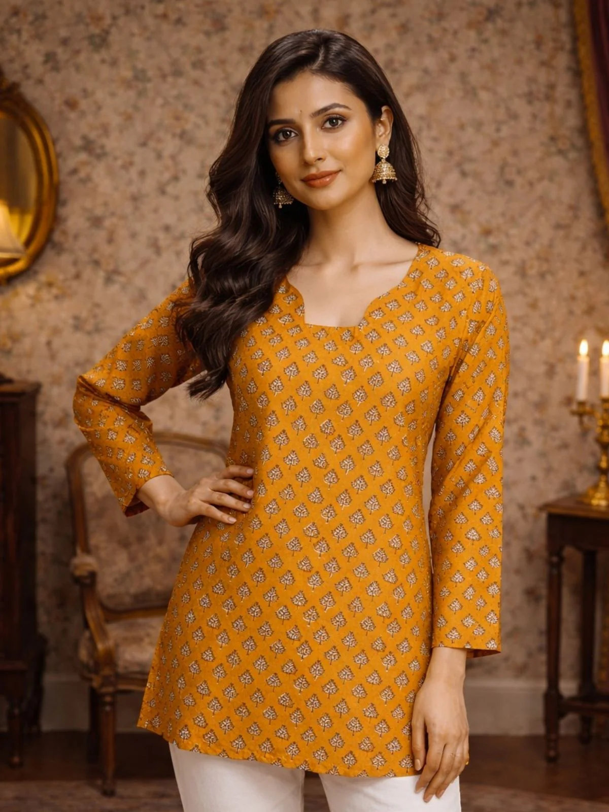 Odette Yellow Silk Blend Printed Solid Kurti For Women - Image 2