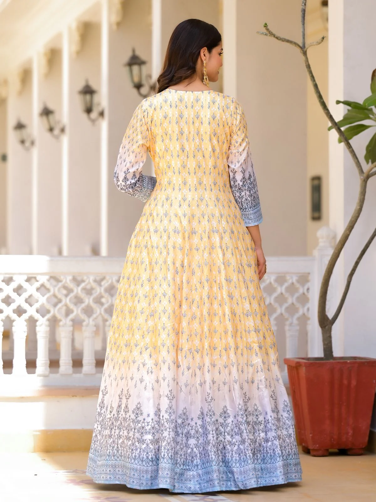 Odette Yellow Silk Blend Printed Stitched Gown For Women - Image 4