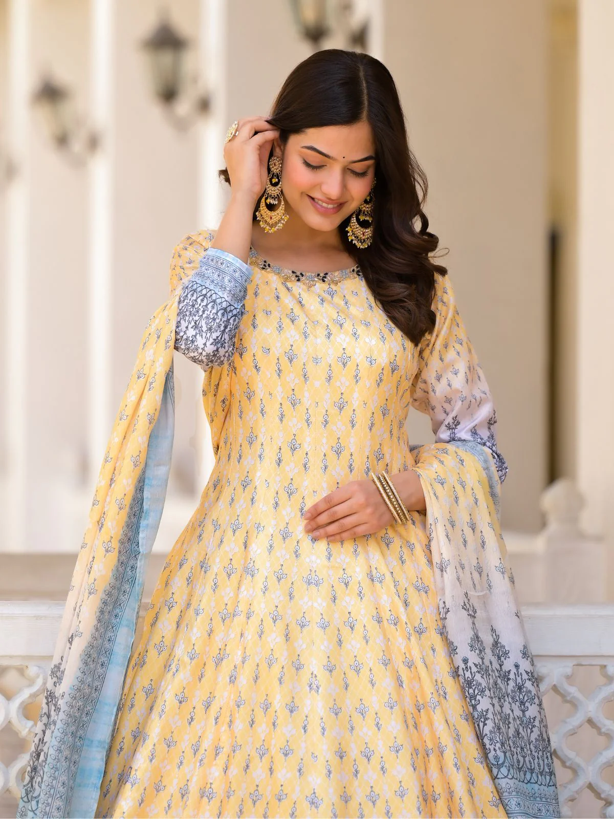 Odette Yellow Silk Blend Printed Stitched Gown For Women - Image 5