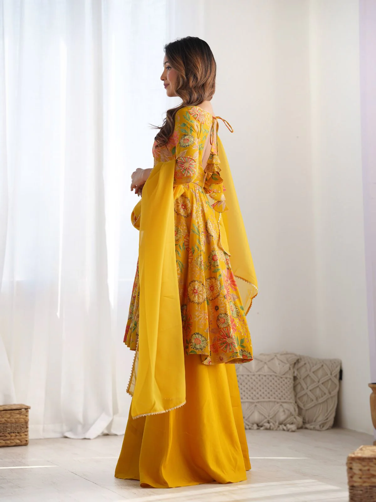 Odette Yellow Silk Blend Printed Stitched Kurta Set For Women - Image 3