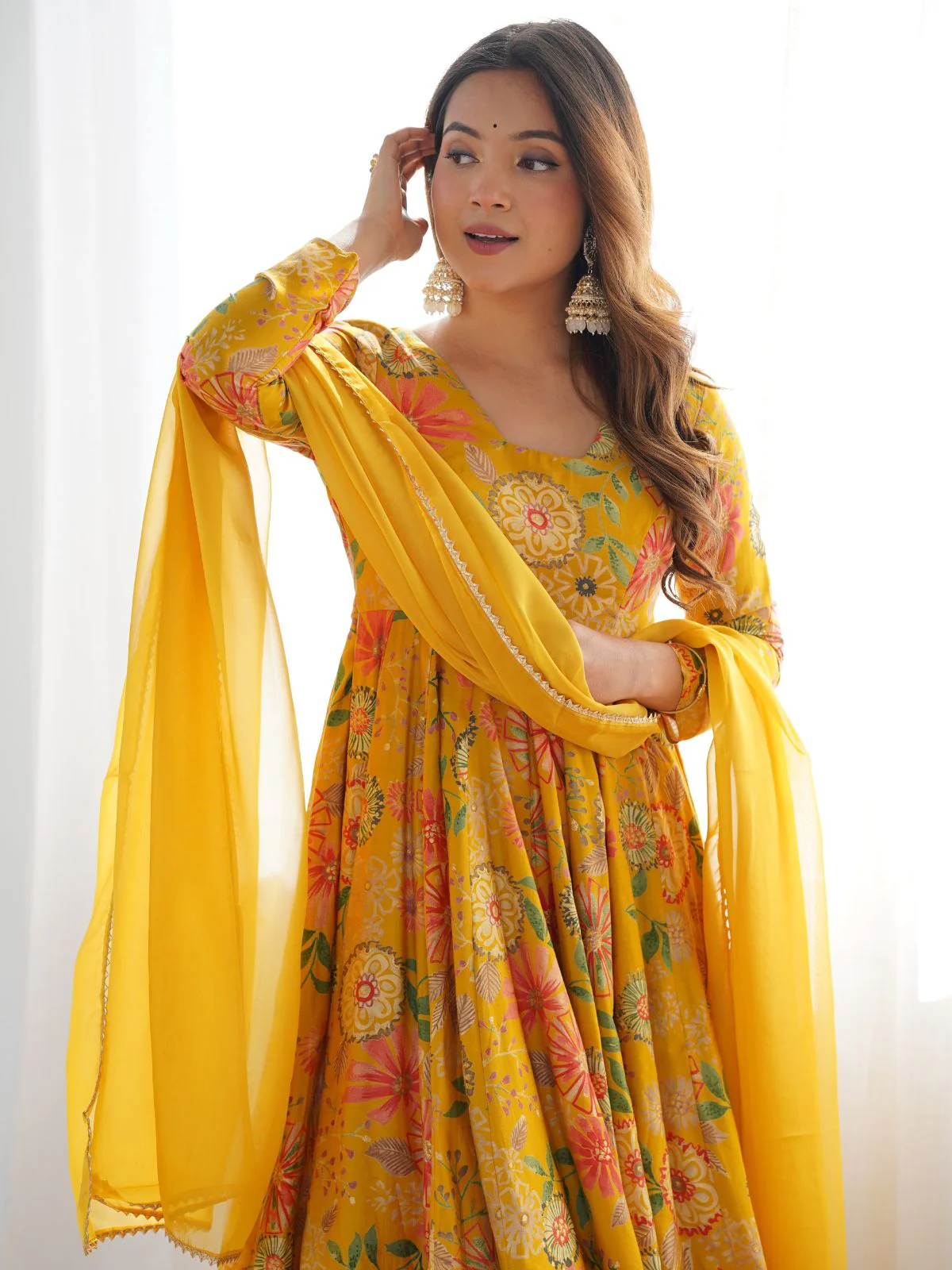 Odette Yellow Silk Blend Printed Stitched Kurta Set For Women - Image 4