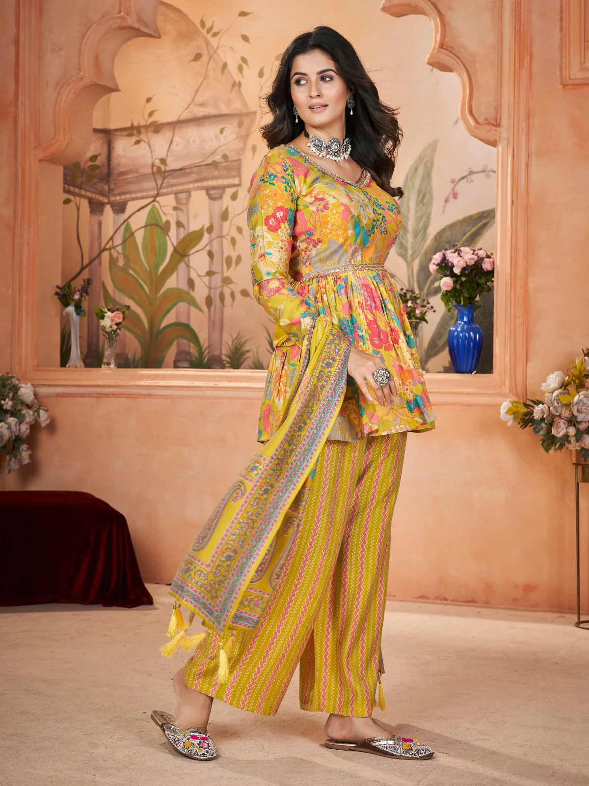 Odette Yellow Silk Blend Printed Stitched Kurta Set For Women - Image 2