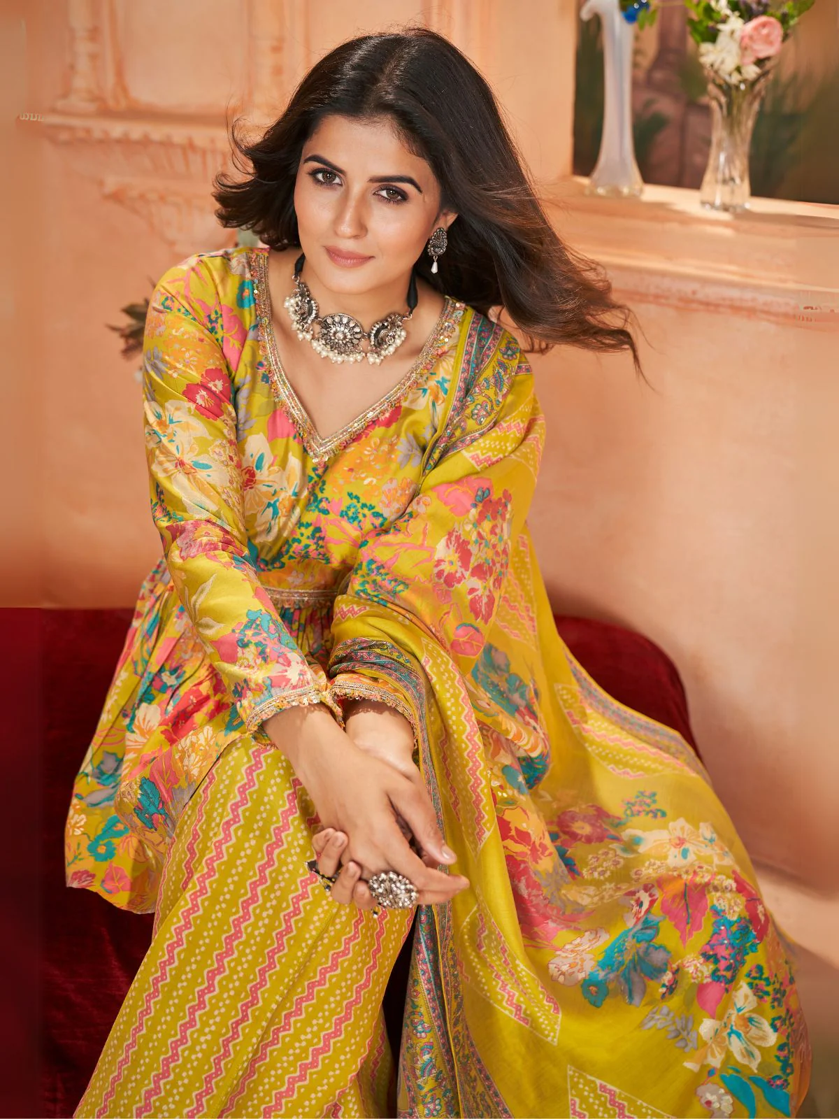 Odette Yellow Silk Blend Printed Stitched Kurta Set For Women - Image 4