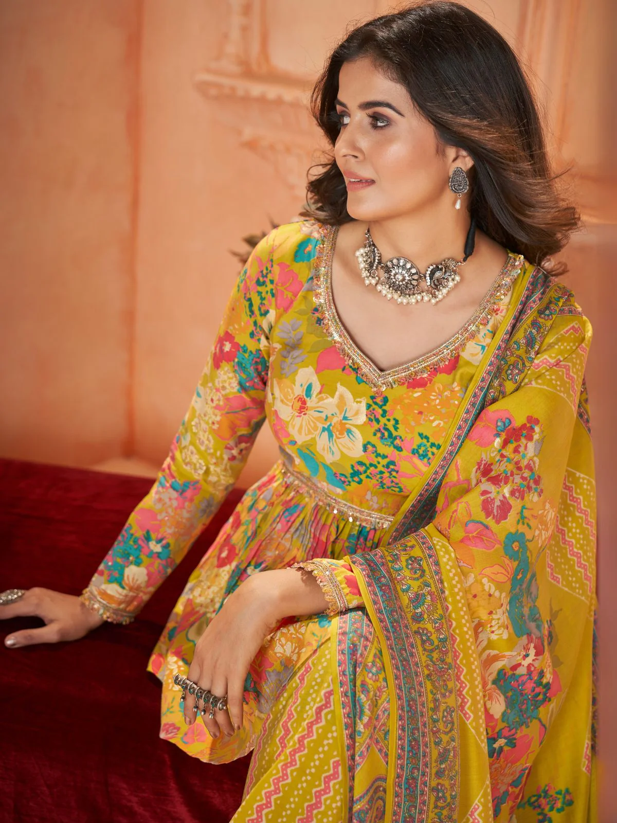 Odette Yellow Silk Blend Printed Stitched Kurta Set For Women - Image 5