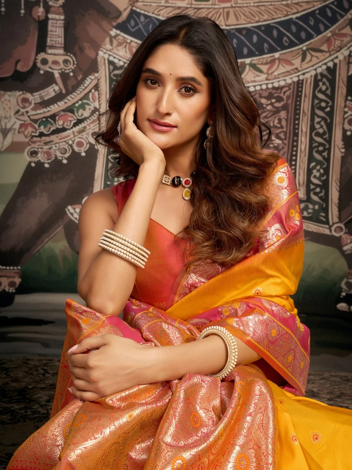 Odette Yellow Silk Blend Woven Saree For Women - Image 5