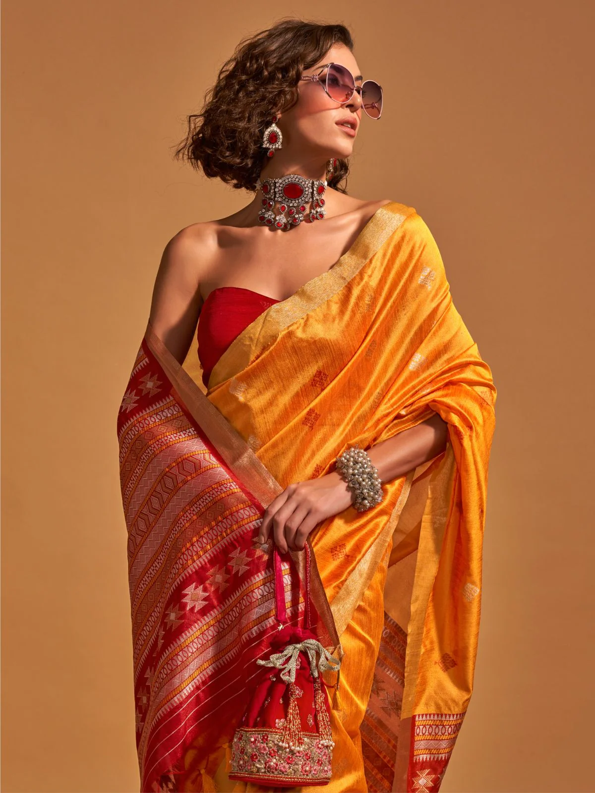 Odette Yellow Silk Blend Woven Saree With Unstitched Blouse For Women - Image 2
