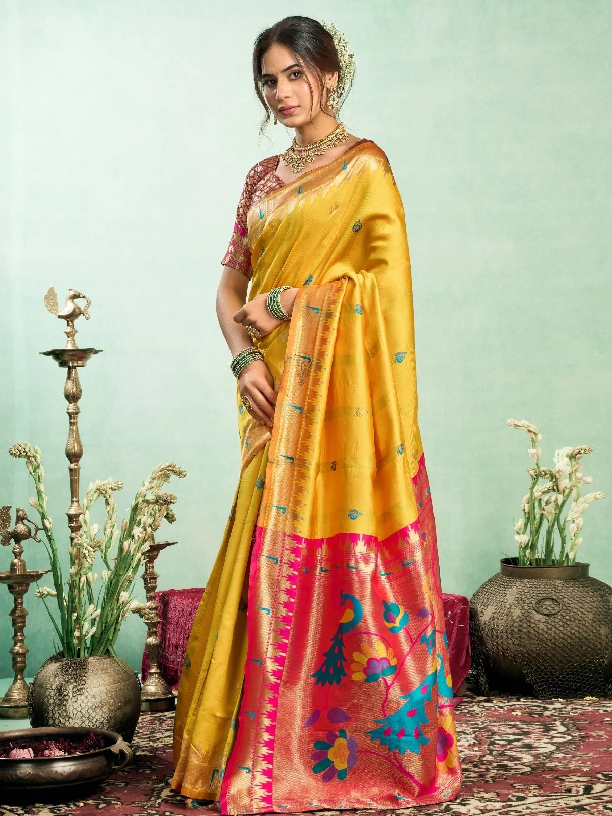 Odette Yellow Silk Woven Paithani Saree For Women - Image 2