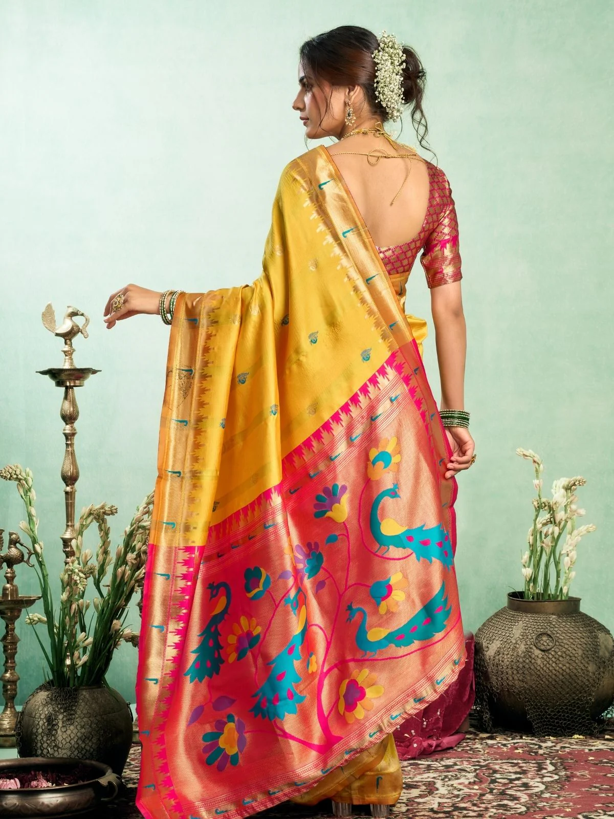 Odette Yellow Silk Woven Paithani Saree For Women - Image 3
