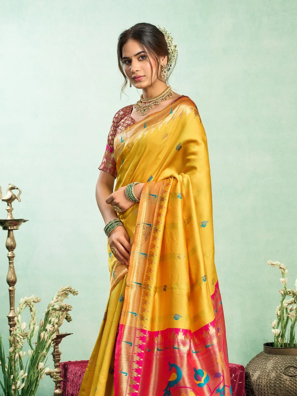 Odette Yellow Silk Woven Paithani Saree For Women - Image 4