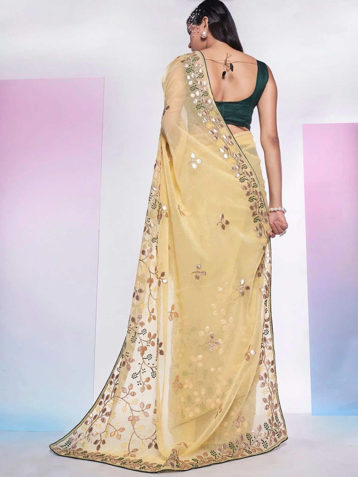 Odette Yellow Simmar Embroidered Saree With Unstitched Blouse For Women - Image 2