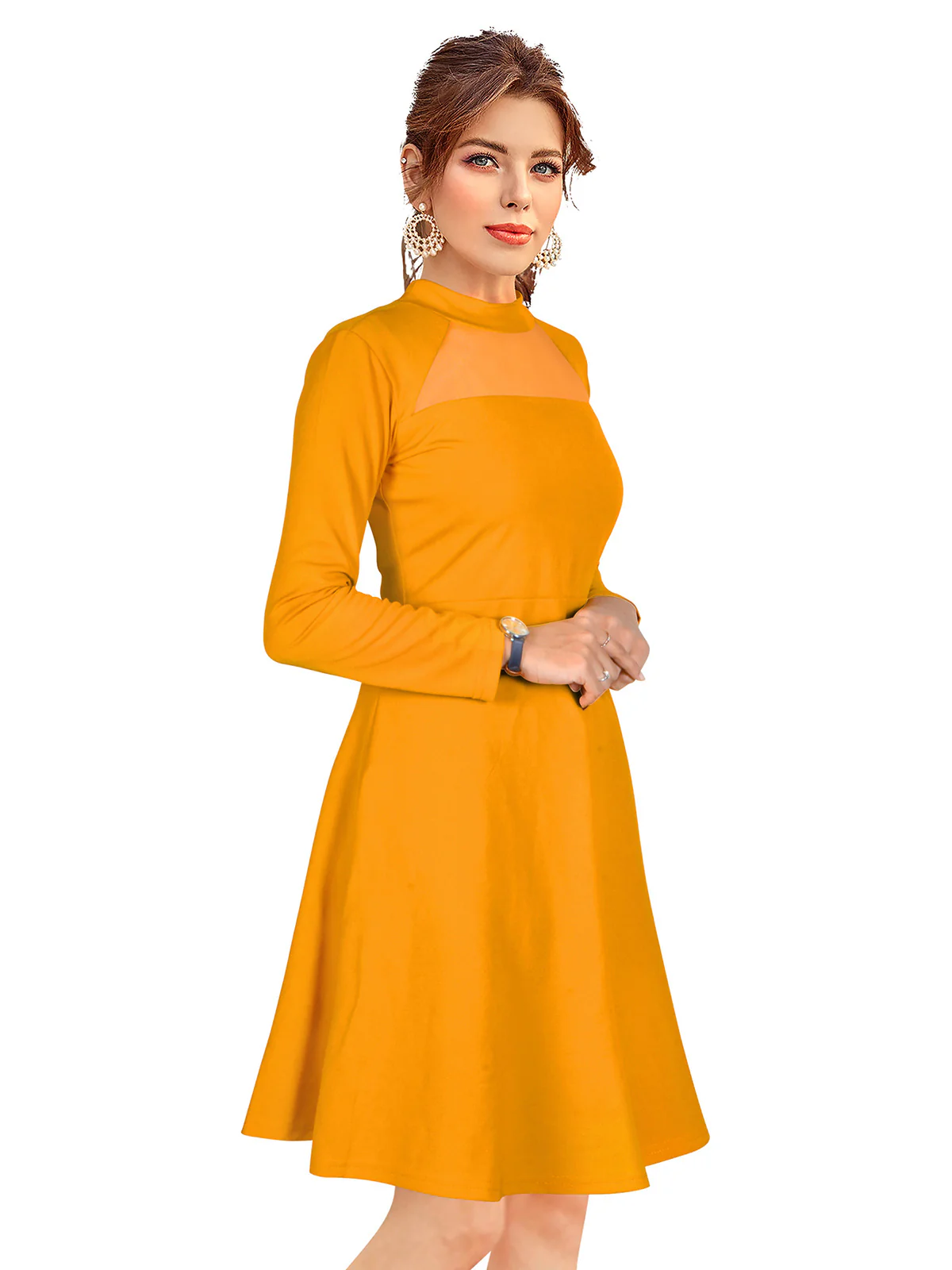 Odette Yellow Skater Knit Fabric  Dress For Women - Image 2