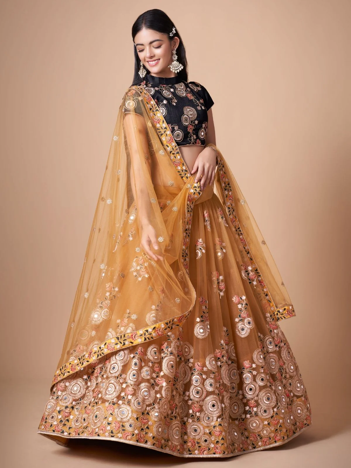 Odette Yellow Soft Net Embroidered Semi Stitched Lehenga With Blouse For Women - Image 2