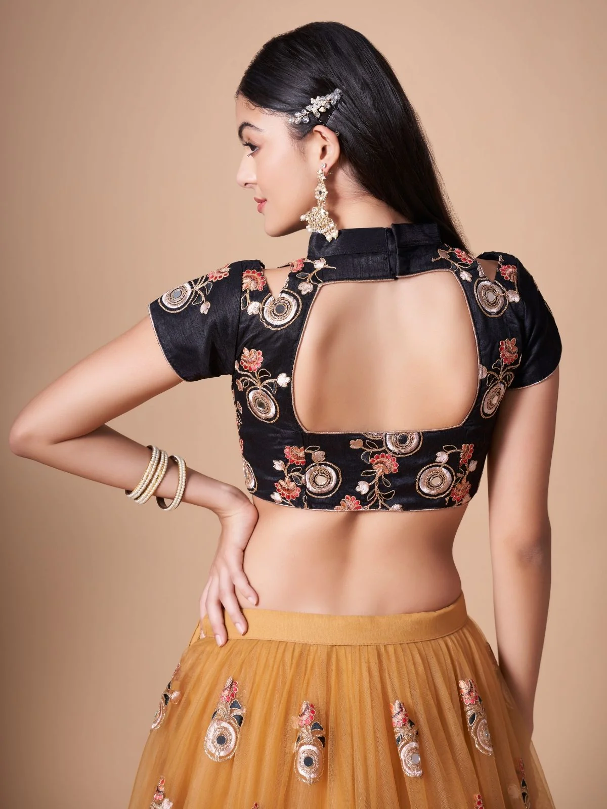 Odette Yellow Soft Net Embroidered Semi Stitched Lehenga With Blouse For Women - Image 5