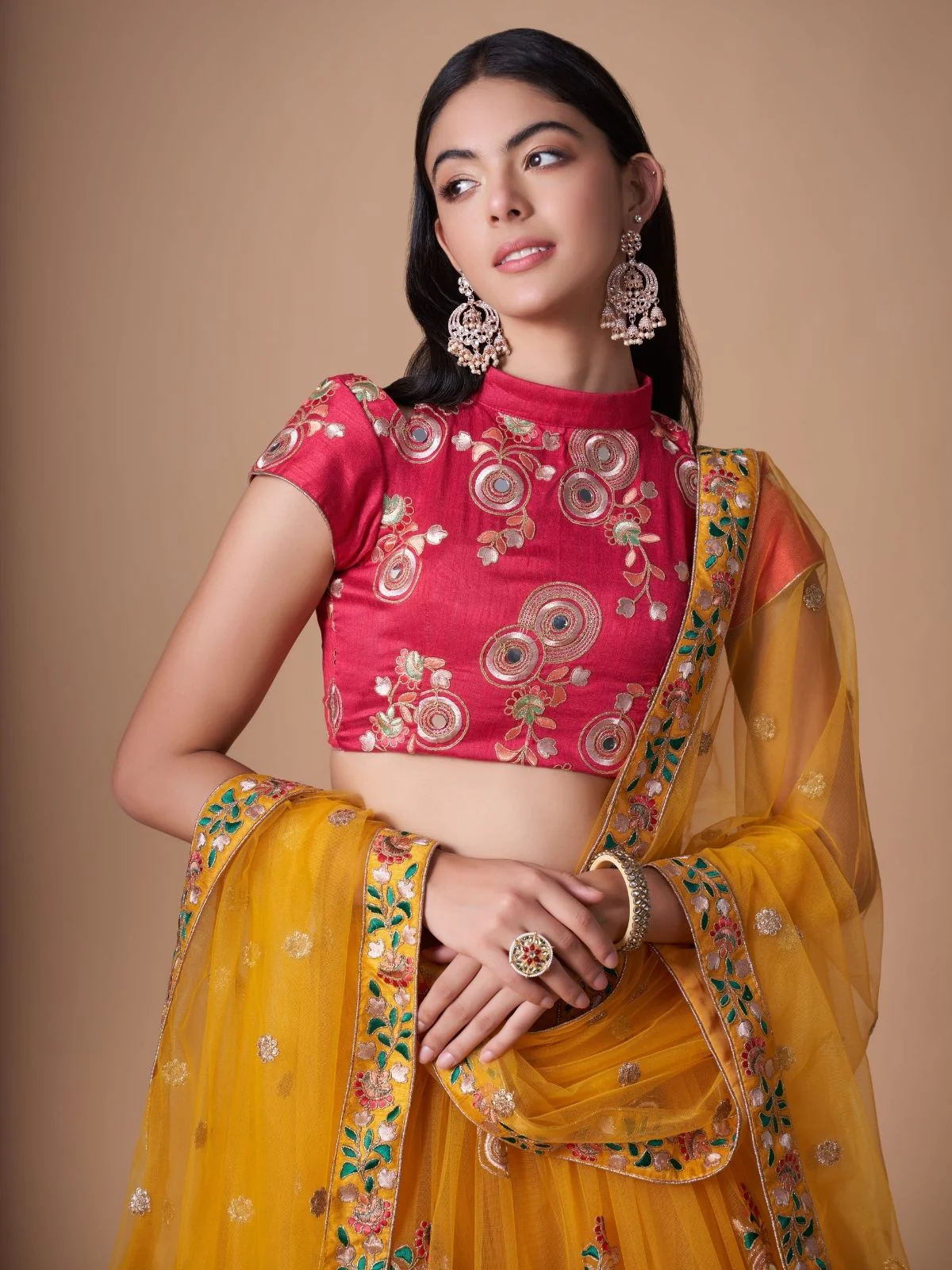 Odette Yellow Soft Net Embroidered Semi Stitched Lehenga With Blouse For Women - Image 4