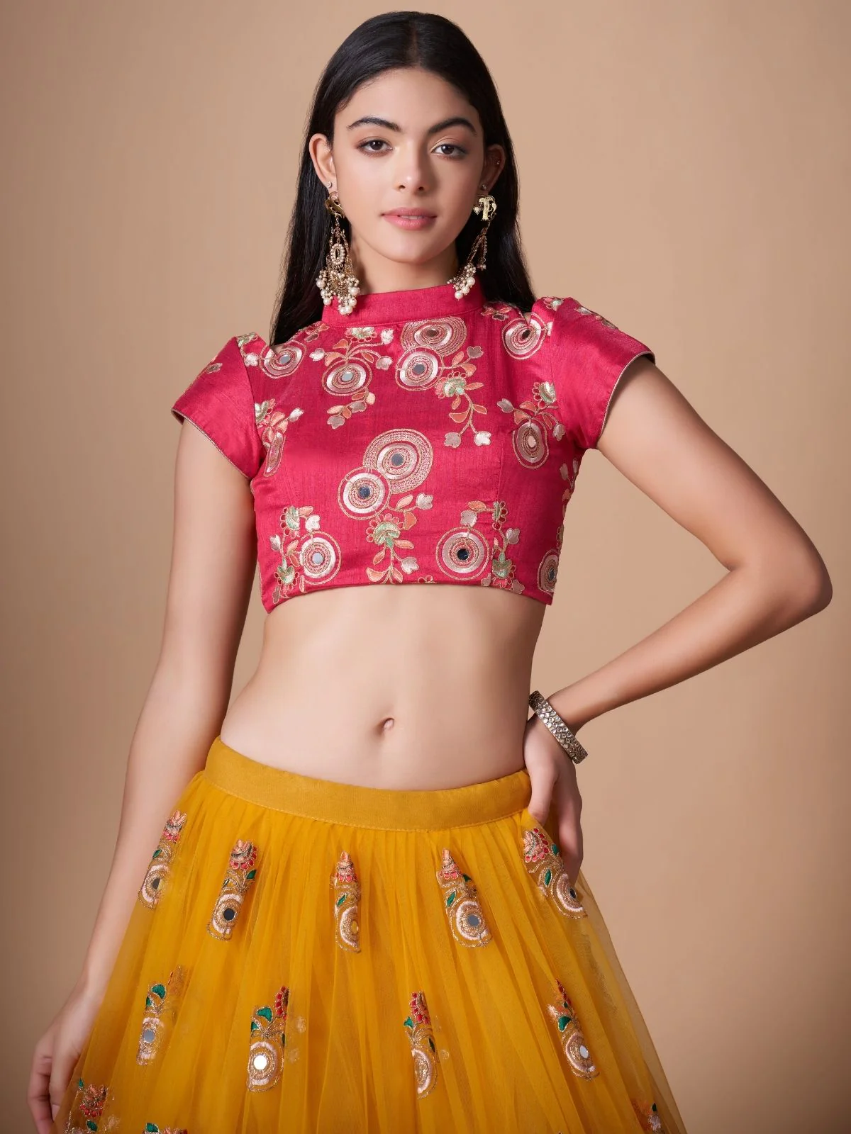 Odette Yellow Soft Net Embroidered Semi Stitched Lehenga With Blouse For Women - Image 5