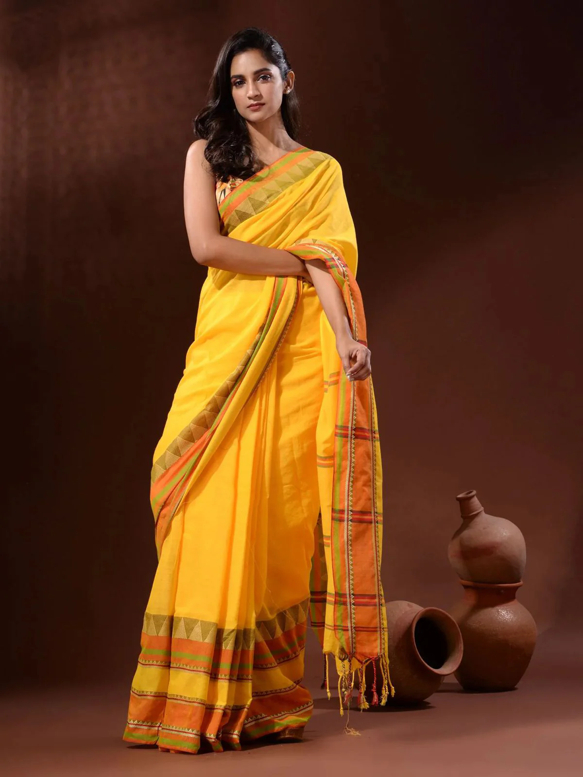 Odette Yellow Temple Border Cotton Blend Saree With Unstitched Blouse for Women