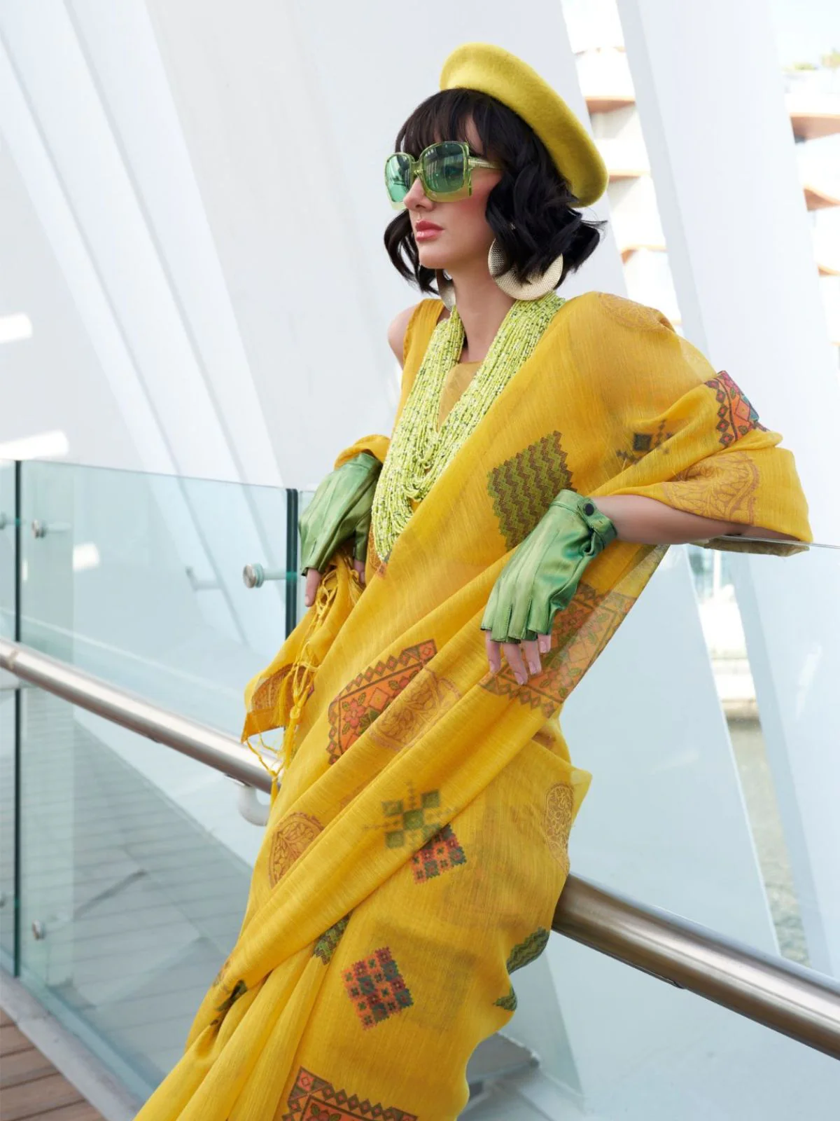 Odette Yellow Tissue Printed Saree With Unstitched Blouse For Women - Image 2