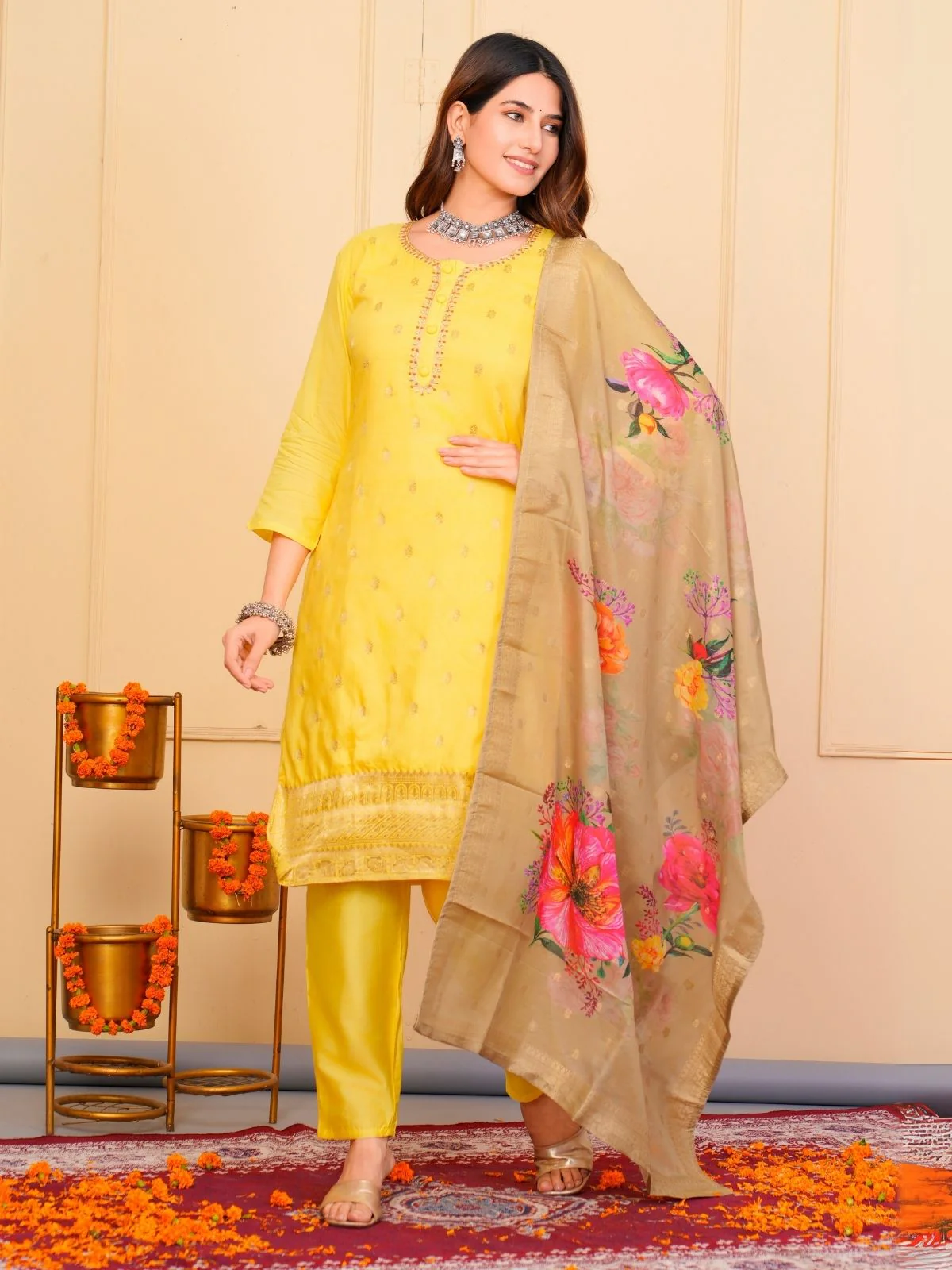 Odette Yellow Viscose Embroidered Stitched Kurta Set For Women - Image 2