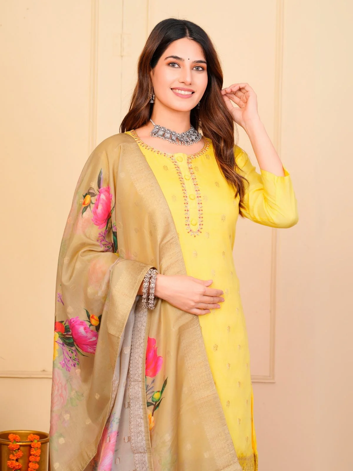 Odette Yellow Viscose Embroidered Stitched Kurta Set For Women - Image 5