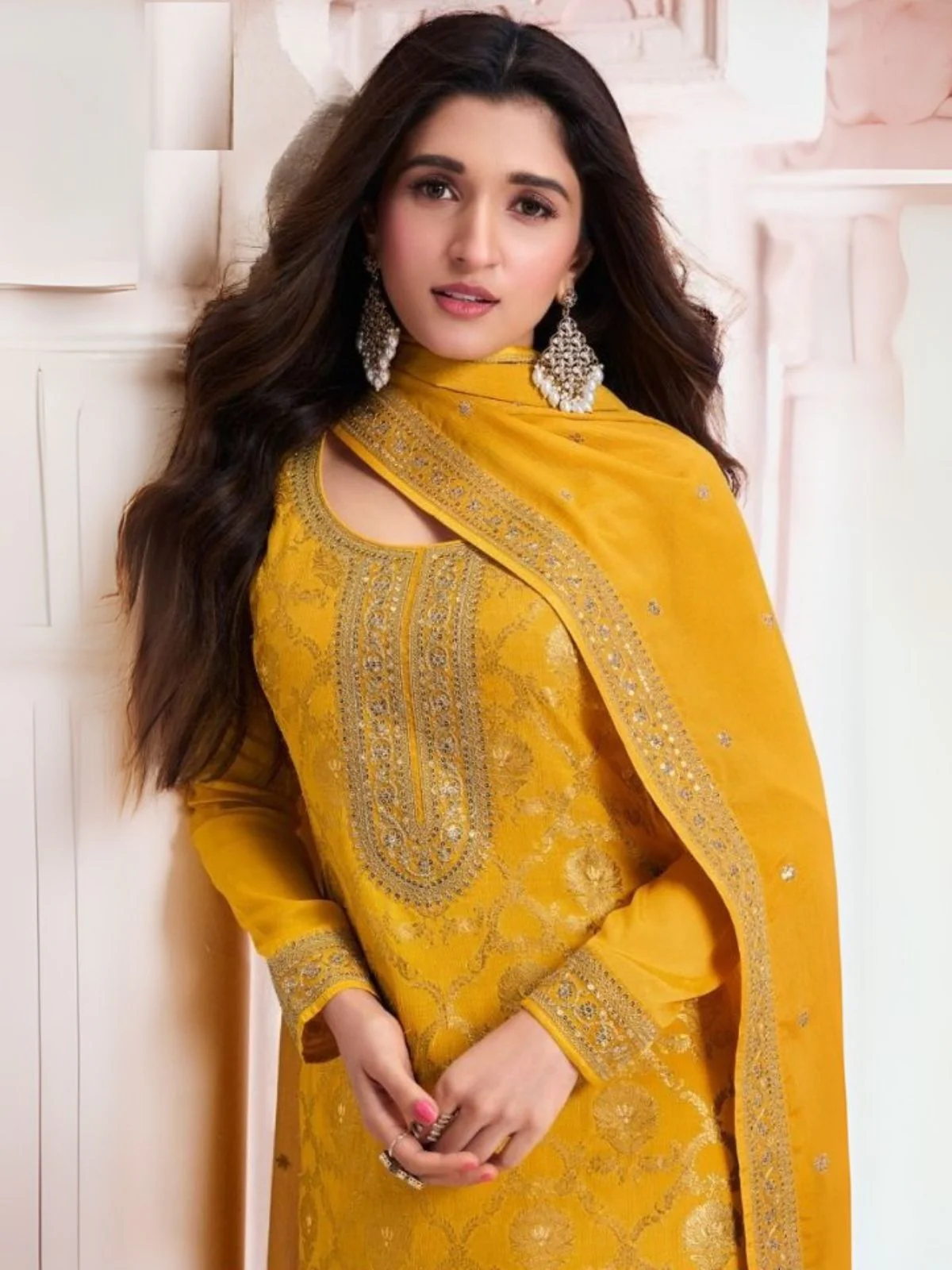 Odette Yellow Viscose Rayon Embroidered Semi-Stitched Kurta Set For Women - Image 2