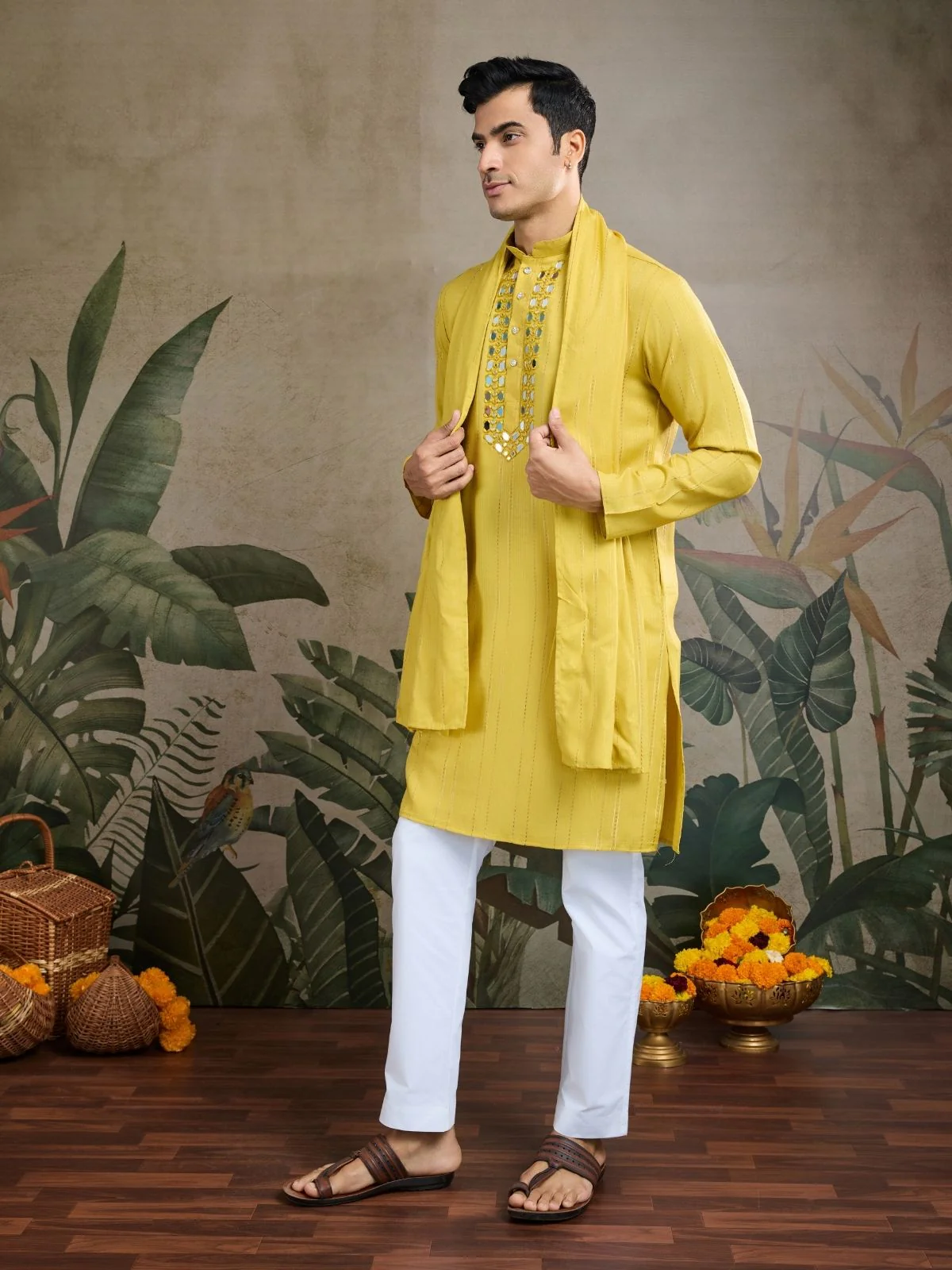 Odette Yellow Viscose Silk Embellished Stitched Kurta For Men - Image 3