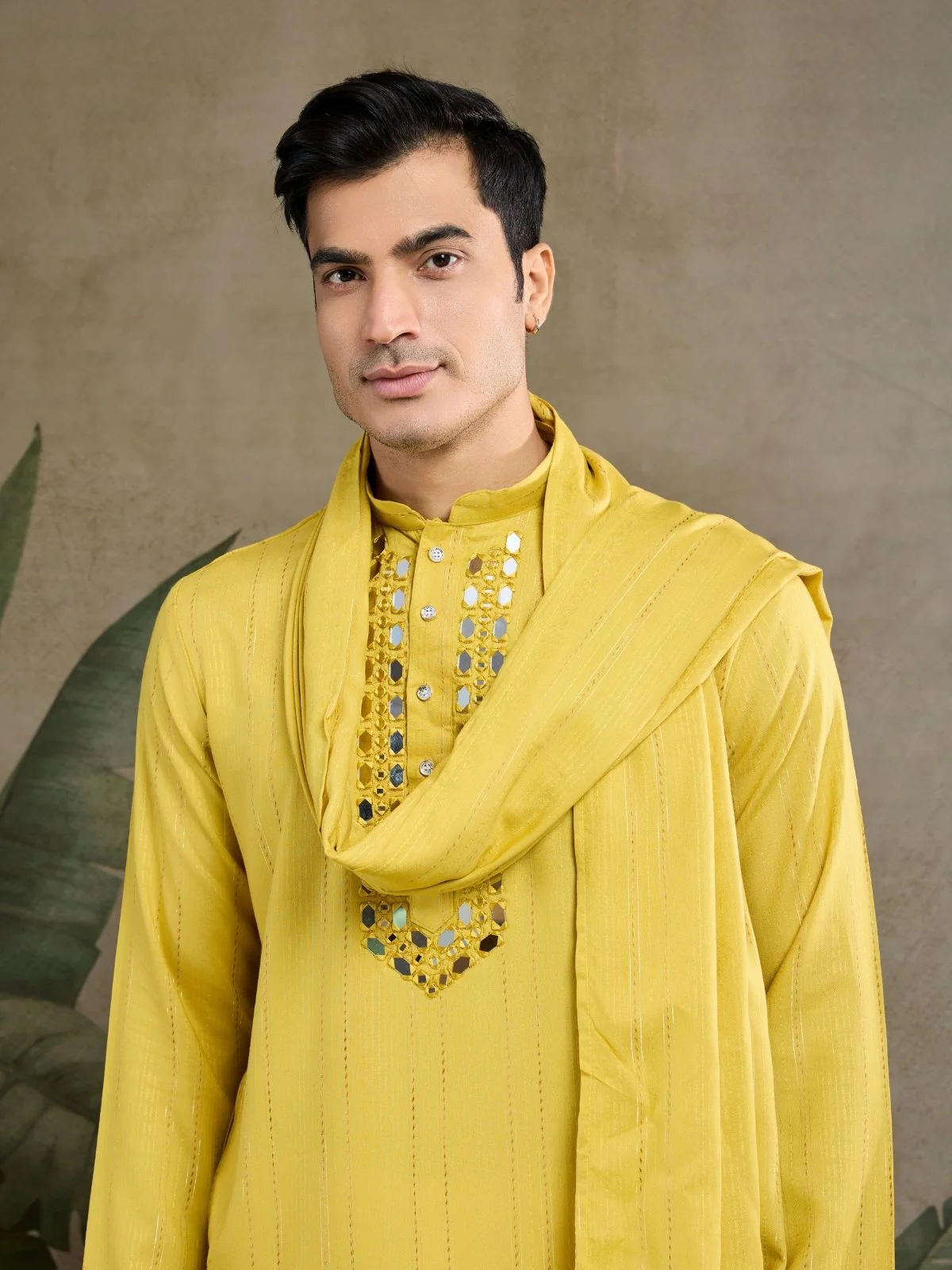 Odette Yellow Viscose Silk Embellished Stitched Kurta For Men - Image 6
