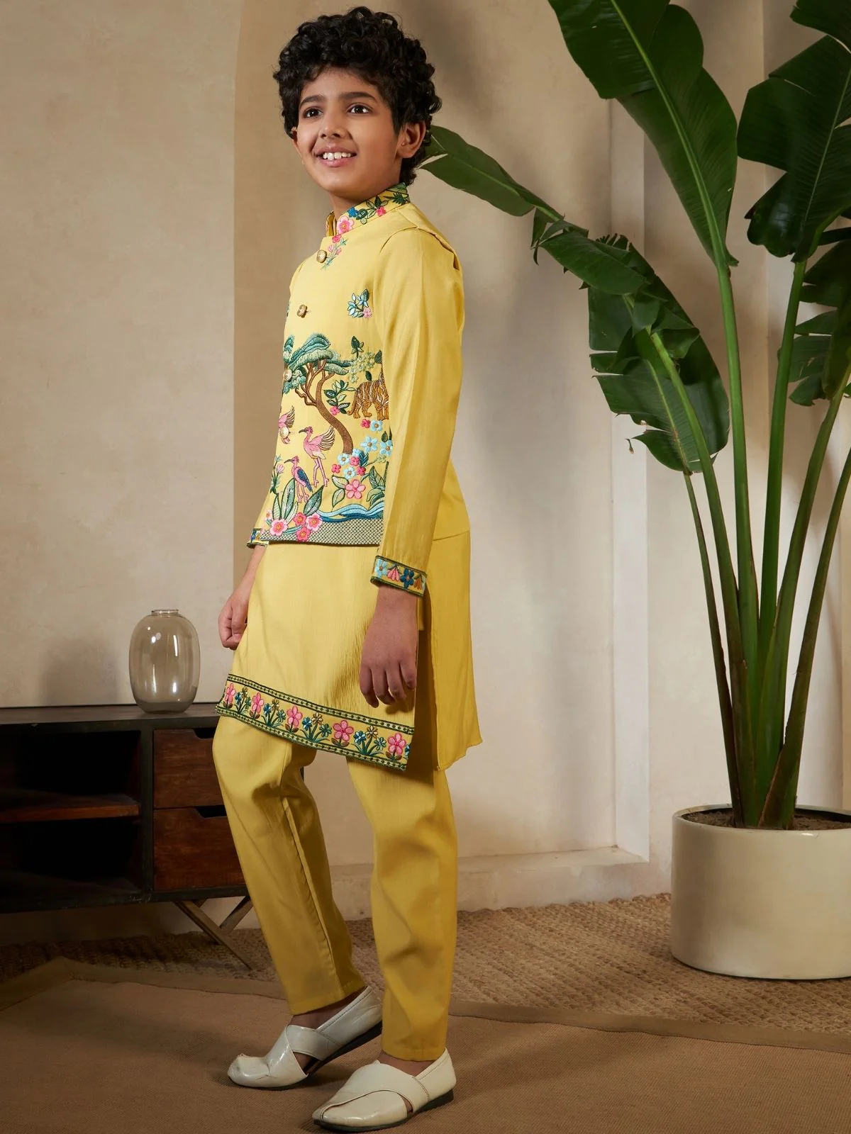 Odette Yellow Viscose Silk Embellished Stitched Kurta Set For Kids - Image 2