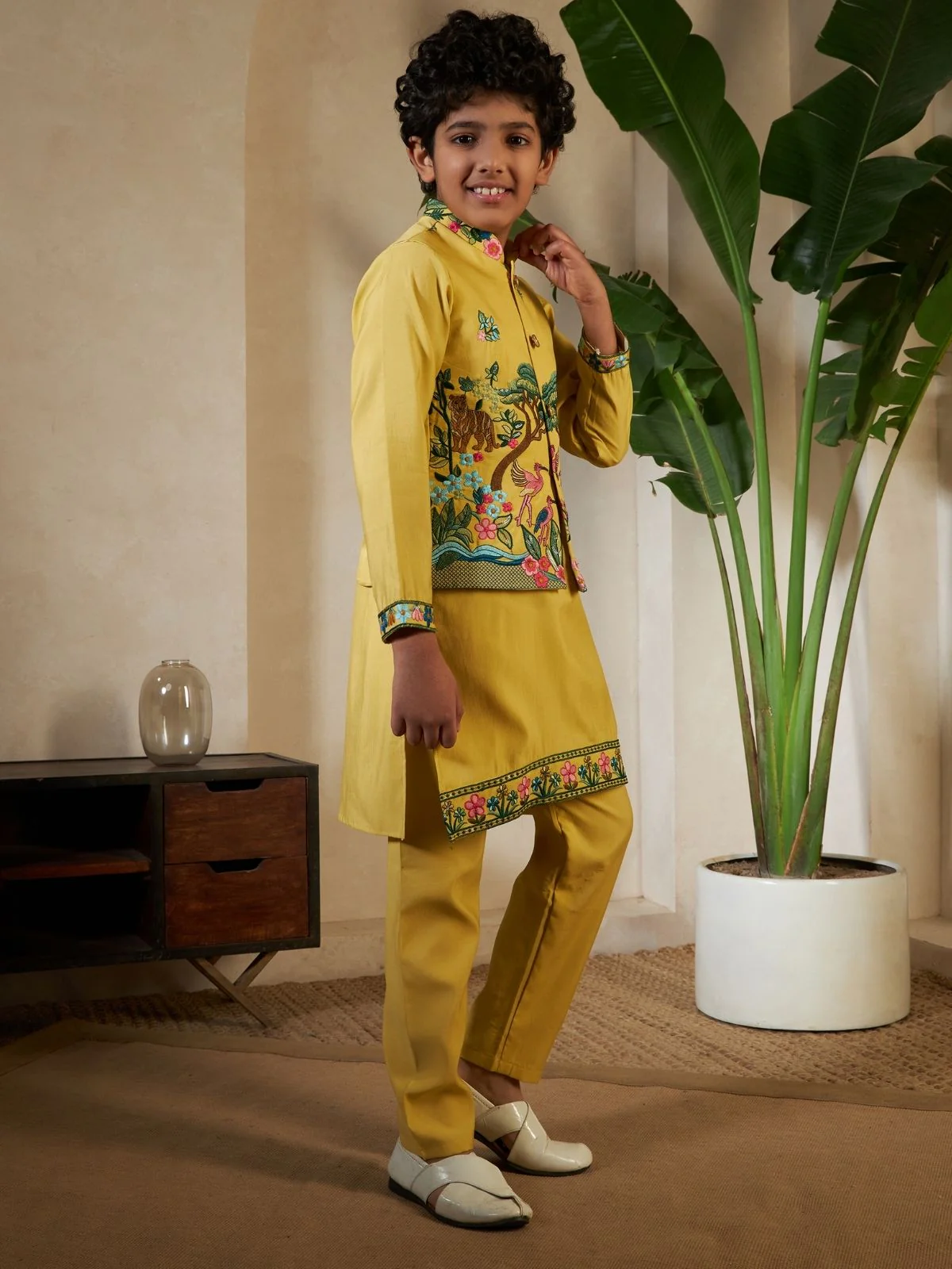 Odette Yellow Viscose Silk Embellished Stitched Kurta Set For Kids - Image 3