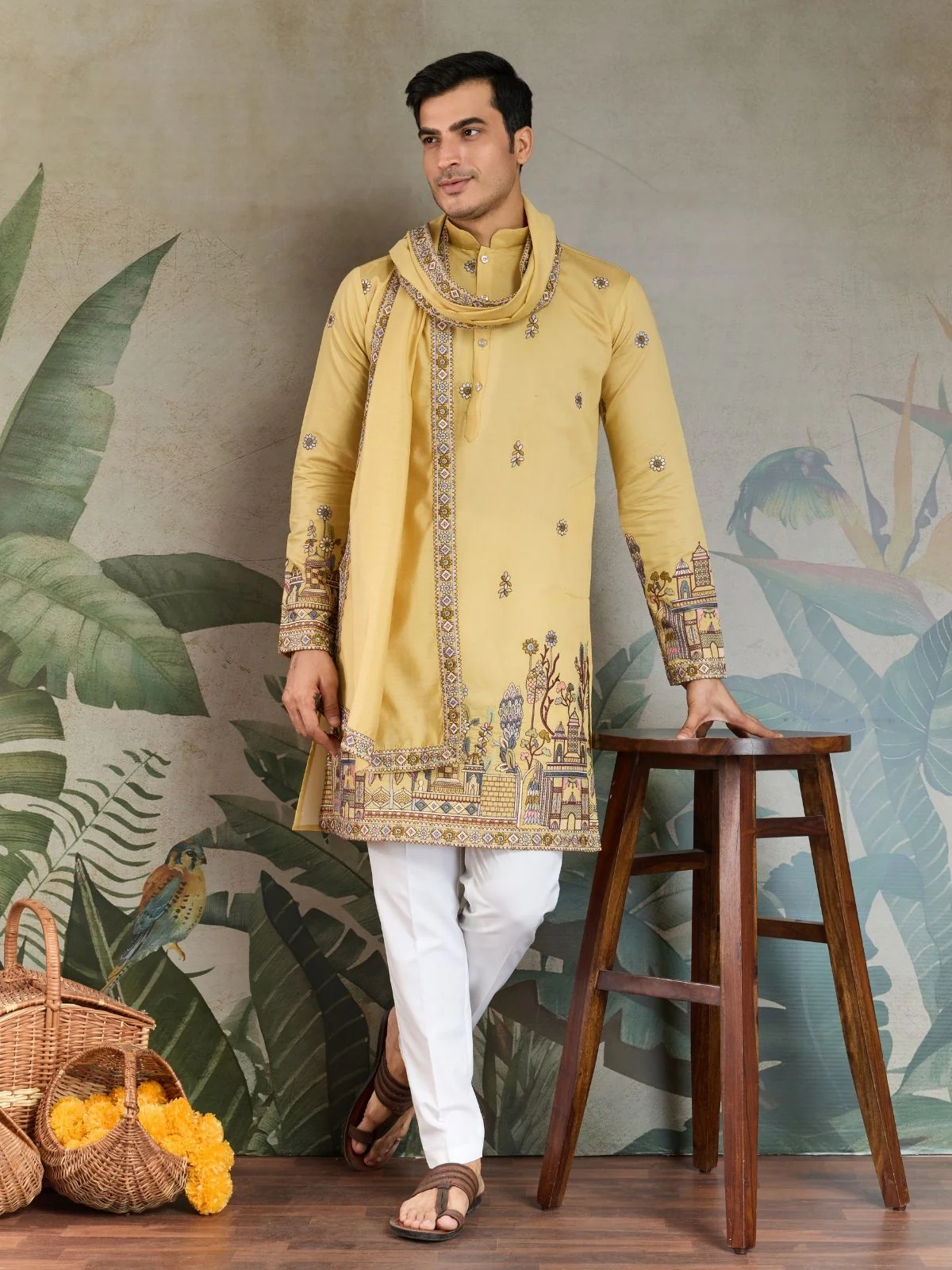 Odette Yellow Viscose Silk Embroidered Stitched Kurta For Men - Image 2