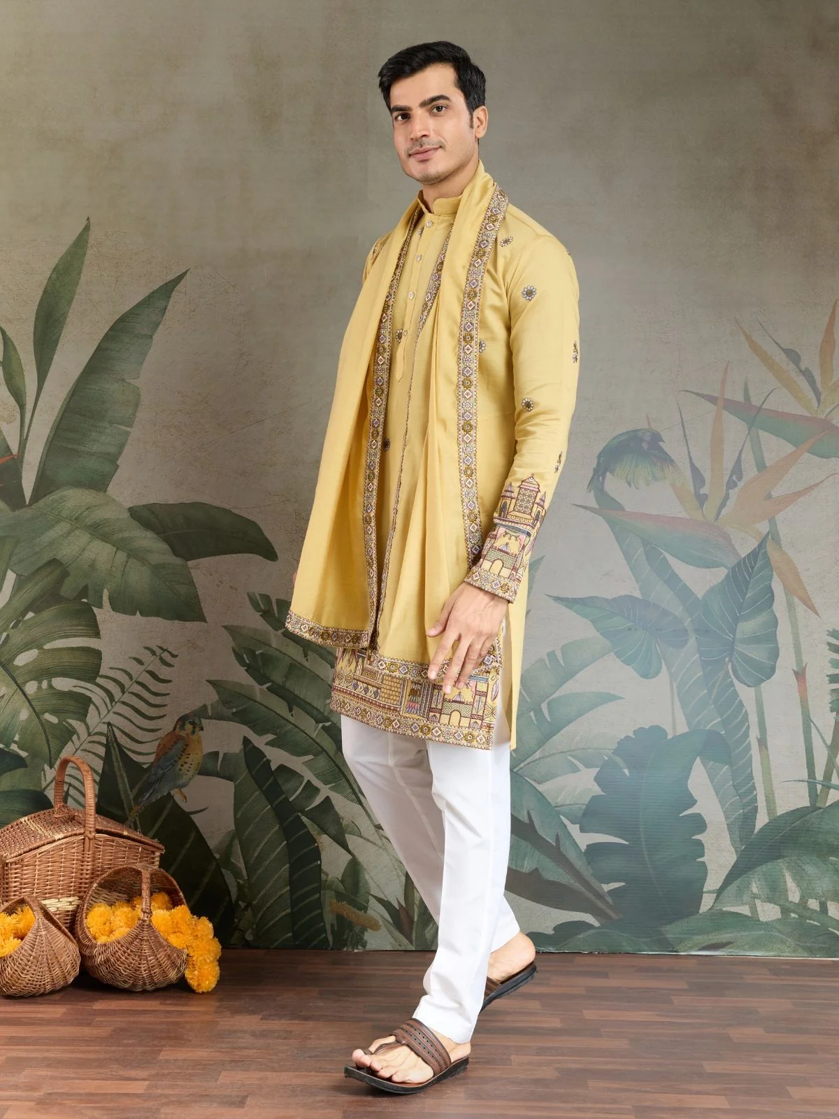 Odette Yellow Viscose Silk Embroidered Stitched Kurta For Men - Image 3