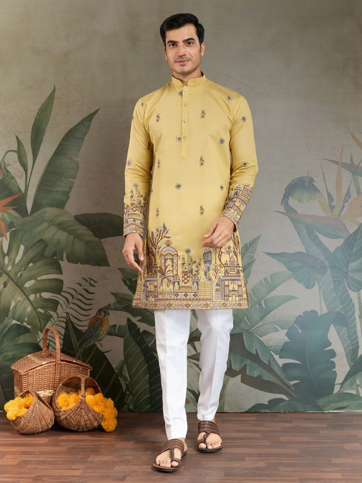 Odette Yellow Viscose Silk Embroidered Stitched Kurta For Men - Image 4