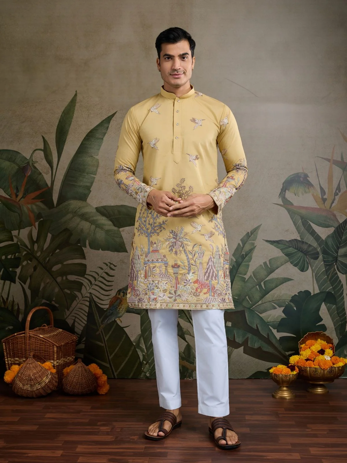 Odette Yellow Viscose Silk Embroidered Stitched Kurta For Men - Image 2